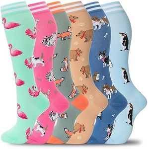 fenglaoda Compression Socks Women Men 6 Pairs, Knee High Best Support Circulation Socks for Running, Travel, Flight, Nurse, 03-6pairs-animal 1, Large-X-Large