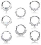 Morfetto 8PCS 16G Septum Clicker Ring Stainless Steel CZ Opal Cartilage Helix Tragus Hoop Daith Earrings Nose Rings Hoop Hinged Segment Clicker Ring Piercing Jewelry Silver 10mm