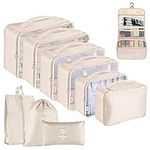 YOLOK 10 Set Packing Cubes Travel Luggage Waterproof Organizers Luggage Organizers with Hanging Toiletry Bag, Multi-Functional Clothing Sorting Packages,Travel Packing Pouches (Beige)