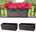 LaLaGreen Outdoor Rail Planter for Balcony (2 Pack, 20 Inch) Large Brown Self Watering Railing Planters with Brackets, Rectangular Plastic Window Flower Box Fence Designer Choice with Rattan Pattern