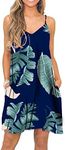 BEUFRI Women's Summer Spaghetti Strap Casual Swing Tank Beach Cover Up Dress with Pockets, Tropical Palm, Medium