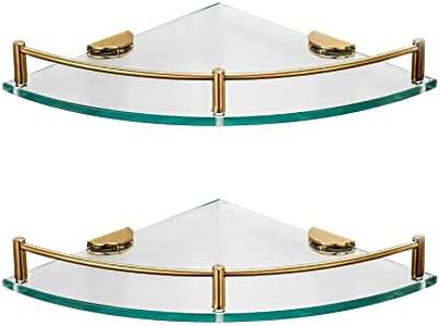 Paradmas Shower Corner Shelves 2 Pack - Bathroom Shower Caddy Tempered Glass Shelf with Rails SUS 304 Stainless Steel Wall Mounted Shower Organizer, 24cmx24cm 6mm, Gold