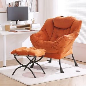 Furlide Lazy Chair with Ottoman, Modern Chair with Folding Footrest, Lounge Accent Chair, Comfortable Reading Chair, Oversized Armchairs for Bedroom, Study, Living Room, Courtyard (Velvet Orange)