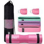 G4Free 7pcs Barbell Pad Set for Squat, Hip Thrusts, Lunges Standard Olympic Bars with 2 Gym Ankle Safety Straps, 3 Hip Resistance Bands, Barbell Pad and Carry Bag(Pink)