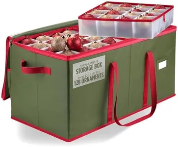 Christmas Ornament Storage - Stores up to 128 Holiday Ornaments, Adjustable Dividers, Zippered Top, Two Handles. Attractive Storage Box Keeps Holiday Decorations Clean and Dry for Next Season (Green)