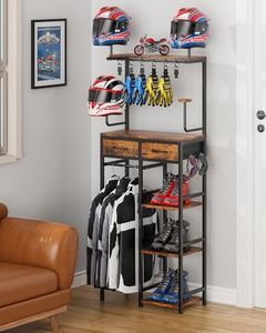 Freestanding Motorcycle Helmet Holder, Motorcycle Helmet Storage Rack & Gear Organizer, All-in-One Garage Accessories with Hangers, Glove Hooks, Shoe Racks and Drawers, Brown
