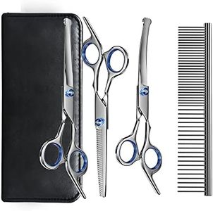 Dog Grooming Scissors Kit with Safety Round Tips, Stainless Steel Professional Dog Grooming Shears Set - Thinning, Straight, Curved Shears and Comb for Long Short Hair for Dog Cat Pet