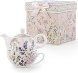 EHC Bell Flowers Design Porcelain Tea for One Tea-Pot with Handle, Microwave Safe, Oven Safe, Dishwasher Safe,Gift Boxed, Tea Pot 490/Cup 320ml