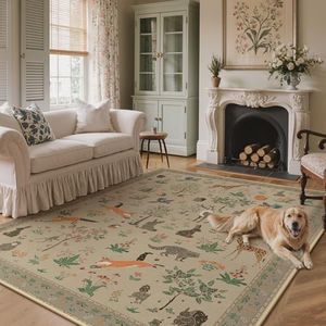 BESBLEE 10x14 Area Rug, Animal Print Machine Washable Floral Low Pile Carpet, Non-Slip Non-Shedding Pet Friendly Rug for Living Room Playroom Nursery Bedroom Entryway, Light Taupe