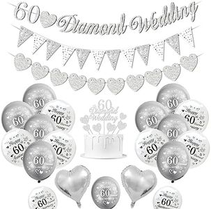 Diamond Wedding Decoration, 60 Wedding Anniversary Decorations, 60 Diamond Wedding Banner, Happy 60th Anniversary Balloons, Silver White Balloons, Heart Balloons, 60 Diamond Wedding Cake Topper