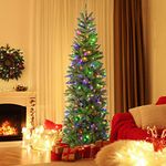 BestComfort 7.5 FT Pre-Lit Christmas Pencil Tree with 350 LED Warm White & Multi-Color Lights, 10 Flash Modes, 796 Tips, Hinged Slim Artificial Xmas Tree for Holiday Party Home Office, Green