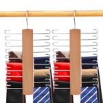 LMSAWK Wooden Tie Rack, Tie Belt Hanger for Men Closet, Non-Slip Tie Organizer with 20 Storage Capacity, 360 Degree Swivel Space Saving Tie Holder, 2 Pieces, Wood Color