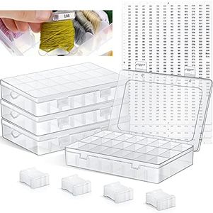Set de Caja Organizadora de Hilo de Bordar, Incluye Caja Organizadora de Hilo de Bordar de Punto de Cruz de 24 Compartimentos 50 Bobinas de Hilo de Plástico Pegatinas de Número 1790, 4 Sets
