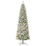 HOMCOM 9 Feet Prelit Artificial Snow Flocked Pencil Christmas Tree, Slim Xmas Tree with Warm White LED Light, Holiday Home Xmas Decoration, Green