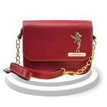 SAVRI Personalized Leather Woman Chain Sling Bag With Your Name and Elegant Charm on it. For Mother, Sister, Girl-friend, mom gifts, gift for mother, mothers day gifts. (Size - 19.5x6x16.5 cm, Wine)