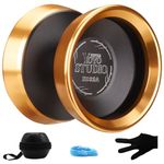 YOYOSTUDIO Yoyo Professional Unresponsive Bi-Metal Yoyos with Dual Aluminum Alloy Ring, Pro Tricks Yo yos for Adults, Bimetal Yoyo for Kids Beginners with Strings, Gloves & Case Black (Gold)