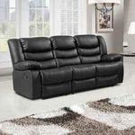 Roma Leather Recliner Sofa with Cupholders - 3 Seater Sofa - Black (3 Seater)