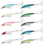 Alwonder 10pcs Topwater Lure Sea Fishing Lure Set 90mm/8g Minnow Lure with Treble Hooks Feather Tail Laser Scale Swimbait for Saltwater Freshwater Beginner and Gifts for Pike Bass Trout Fishing