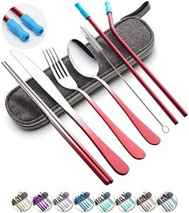 Travel Utensils Set with Case Reusable Portable Cutlery Set Stainless Steel 8pcs Including Dinner Knife Fork Spoon Chopsticks straws (Gradient Red)