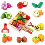 CARLORBO Wooden Toys Food for Kids Kitchen - Play Food Cutting Fruits and Vegetables Set for Pretend Role Play, Learning Toys Gift for Kids Toddlers 3 Years up