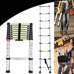 8.5Ft 2.6M Extendable Alminium Ladder Telescopic Folding Extending Portable 9 Steps Loft Extension Ladder DIY Multi Purpose, 330lbs Load Capacity, EN131 Certified