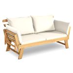 DORTALA Patio Convertible Couch Sofa Bed, Acacia Wood Daybed w/Adjustable Armrest, Collapsible Chaise Lounge w/Cushions & Pillows, Outdoor Loveseat for Garden, Poolside, Courtyard, White