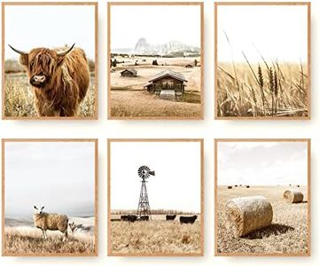 Roslynity Western Decor Wall Art Prints Set of 6 Highland Cow Farmhouse Canvas Wall Art Posters Nature Country Rustic Farm Windmill Wheat Pictures for Home Bedroom Bathroom (11"x14" UNFRAMED)