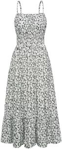 GRACE KARIN Womens 2024 Summer Maxi Dress Casual Sleeveless Spaghetti Strap Smocked Ruffle Long Dress with Pockets, Black White Foral, Small