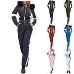 Angxiwan Women's Onesies Ski Suit Winter Warm Snowsuit, One Piece Ski Jumpsuit Fur Collar Hooded Skiing Jacket Snowsuit And Non-Removable Outdoor Sports trouser Ski Suit Windrproof Ski Jumpsuit