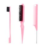 SWEET VIEW 3 Pcs Slick Back Hair Brush with Rat Tail Comb, Edge Brush, Bristle Brush, Teasing Brush Set for Sleek Ponytail/Bun, Edge Control and Smoothing Baby Hair & Flyaways - Pink