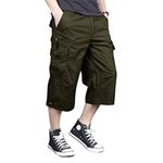 MAGNIVIT Mens Capri Long Twill Cargo Shorts Below Knee 3/4 Cargo Shorts Cotton Relaxed Fit Casual Multi-Pocket Army Green 36