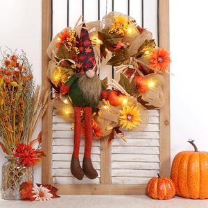 KorViSHOW Gnome Front Door Wreath - 14 Inch Fall Wreaths for Front Door Gnome Door Hanger with Lights, Oak Leaves, Small Pumpkin for Home Porch Window Wall Farmhouse Decor Halloween Door Decoration