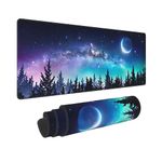 WWUMVE Extended Large Gaming Mousepad - Non-Slip Base, Waterproof, Stitched Edges - Forest Moon Galaxy - XL (31.5×11.8 in) for Computer, Wireless Mouse Keyboard Desk Pad