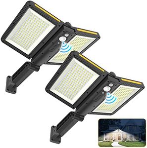 ropelux Solar Outdoor Lights, Motion Sensor Outdoor Lights Double Big Solar Panels, IP65 Waterproof and 5 Modes, 218LEDs High Brightness Wider Illuminated Area Flood Lights for Garden Street