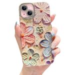 Elzzi Compatible with iPhone 15 Plus Case 3D Laser Flower Oil Painting Cute Colorful Blue Ray Bumper with Full Camera Protection Shockproof PC+TPU Glossy Shiny Cover for Girls Women, Pink