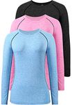 Ullnoy Long Sleeve Workout Tops for Women Dry Fit Yoga Athletic Running T Shirt Womens Long Sleeve Moisture Wicking Tee Shirt 3 Pack Black/Blue/Pink M