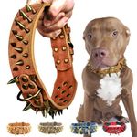 Kawagogo Spiked Studded Dog Collar with Large Sharp Spikes,2 Inch Wide Leather Dog Collar,Anti-bite,Fit Large Medium Dogs,Pitbull Doberman (L Adjust:19.7''-24.4'', Brown)