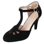 J. Adams Pepper Mary Janes - Vintage Cutout Low Kitten Heels Retro T Strap Pumps, Black Vegan Suede, 9