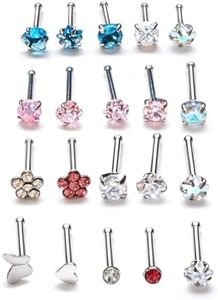 LongMiss 20Pcs 18G Nose Rings Studs Set for Women Men - Hypoallergenic Gold/Silver 316L Surgical Stainless Steel Nose Studs Straight Bar Screw Body Piercing Jewelry for Nose Earring Studs CZ 3mm