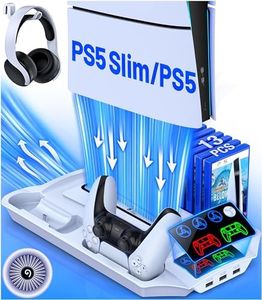 PS5 Slim Stand and Cooling Station with Controller Charging Station for Playsation 5 Slim/PS5 Disc Digital Console, PS5 Accessories Incl. 3 Levels Cooling Fan, 13 Game Slots, 3 USB HUB, Headset Holder