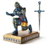 MACLARONX Kneeling Knight Pen Holder with Sword Medieval Warrior Pencil Stand for Office Desk Home Decor Fancy for Men Dad Husband Armor Soldier Statue