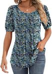 Ficerd Women's Puff Short Sleeve Tunic Tops Pleated Crew Neck Summer Blouses Dressy Casual Loose T Shirts, Blue Flower, Small