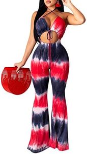 Remelon Womens Spaghetti Strap Halter Tie Dye Print Cut Out Bodycon Bell Flare Pants Club Party One Piece Jumpsuits Rompers Red M