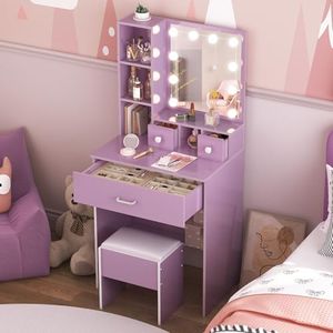 Dressing Table with Mirror and 10LED Lights, Storage Shelves & 3 Drawers, Makeup Vanity Table Small Vanity Desk for Bedroom, 60cm Wide Purple, No Stool Included