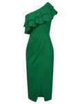 GRACE KARIN Women's One Shoulder Cocktail Dress Sleeveless Sexy Ruched Bodycon Layered Ruffle Slit Party Midi Dresses, Dark Green, L