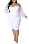 Women's Plus Size Off The Shoulder Mesh Long Sleeve Bodycon Ruched Midi Party Cocktail Dress, 54white, 4X-Large