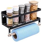 BELLE VOUS Spice Rack with Paper Towel Holder - Wall Mounted Storage Rack Holds 8kg/17.5lbs - Iron Storage Shelf for Kitchen, Bathroom & Workbench - 2 Removable Hooks
