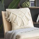 Phantoscope 100% Cotton Handmade Crochet Woven Boho Throw Pillow with Tassel Cute Farmhouse Pillow Insert Included Lumbar Small Decorative Cushion for Couch Sofa