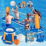 WELIN Pool Volleyball & Basketball Hoop Set, 2-in-1 Swimming Pool Water Game with 2 Balls 2 Weight Bags, Inflatable Pool Floatation Set, Summer Indoor Outdoor Pool Toys for Adults Family Teens Kids 8+