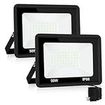 50W LED Flood Light Outdoor, LED Work Light,Floodlight Fixture with Plug in IP66 Waterproof, 6500K 2Pack Security Light for Yard Garden Stadium Garage Playground